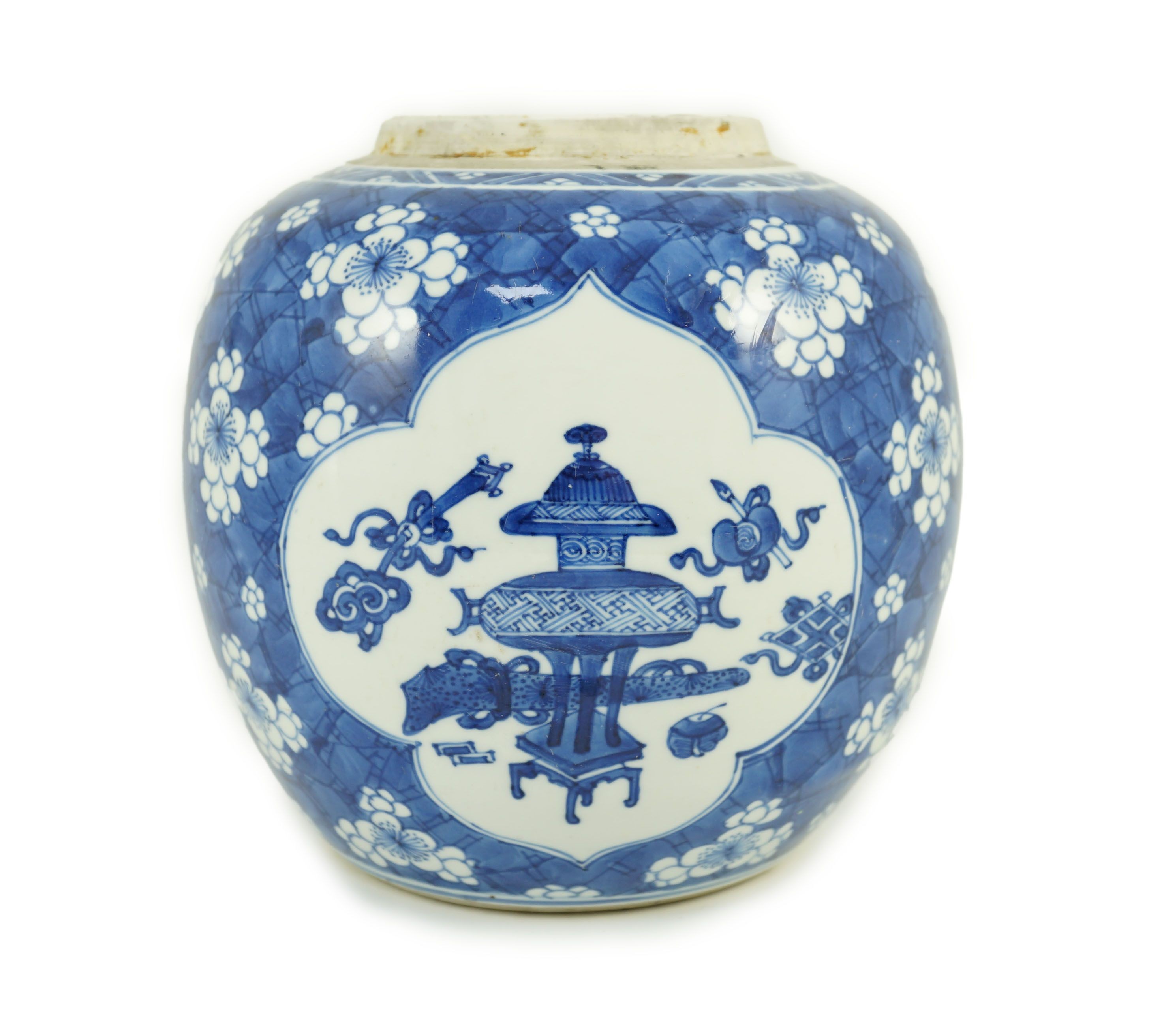 A Chinese blue and white ‘Hundred Antiques’ ovoid jar, Kangxi period, 19cm high